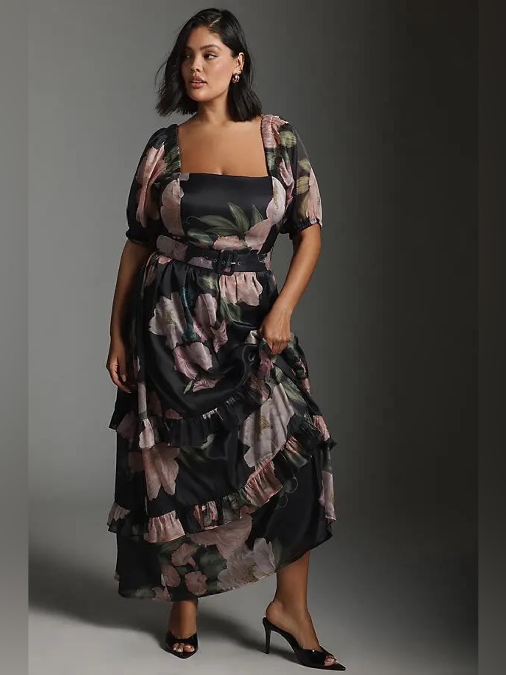 Hutch Black Floral Square-Neck Midi Dress with Puff Sleeves